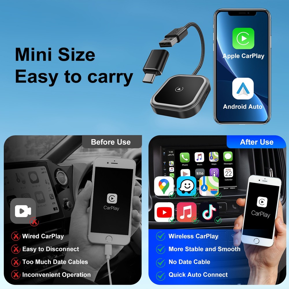 USB Auto Wireless CarPlay Adapter For iPhone Apple Wireless Dongle Plug ＆ Play
