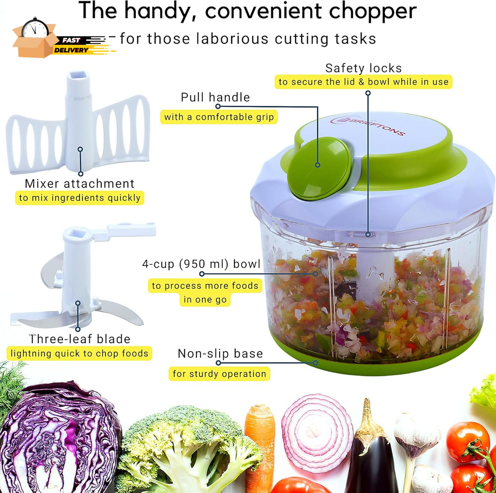 Quickpull Food Chopper: Large 4-Cup Powerful Manual Hand Held Pull Ch