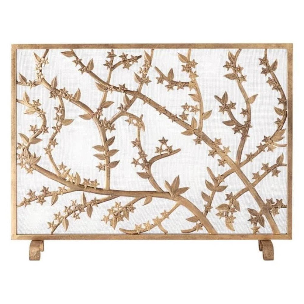 Single Panel Fireplace Screen Antique Gold Cherry Blossom