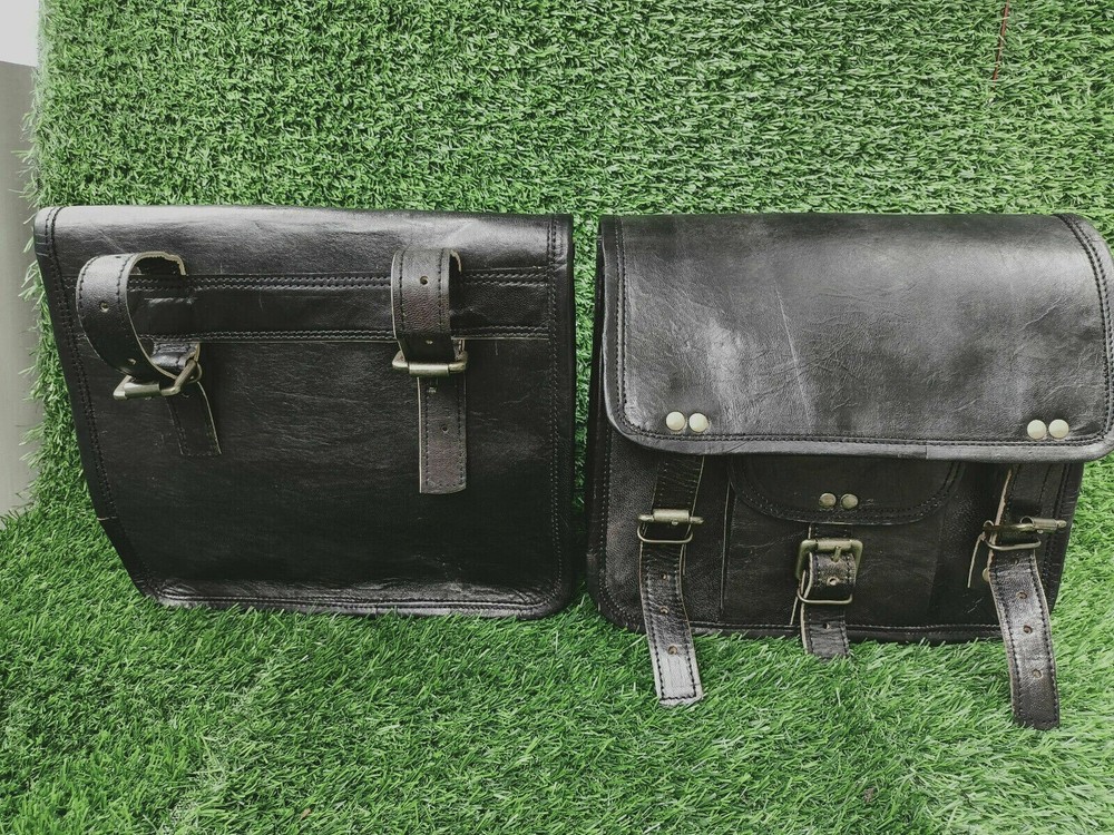 Solid Black Best Leather COMBO Motorcycle Saddle Panniers Tool Pouch Side Bag