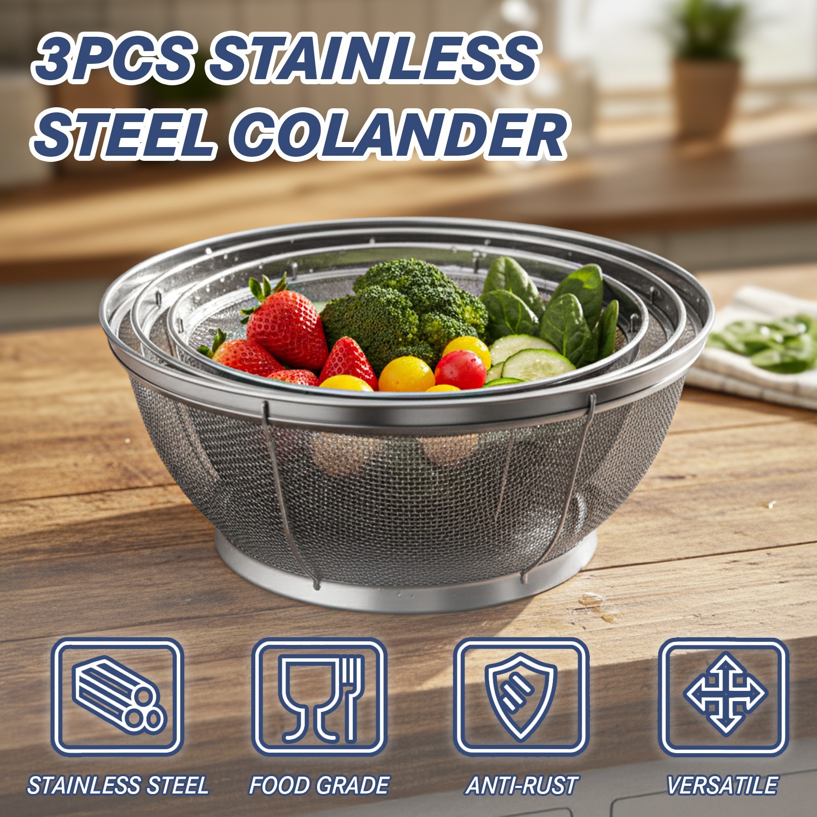 tastyWay 3Pcs Colander Baskets Stainless Steel Fine Mesh Strainer for Kitchen