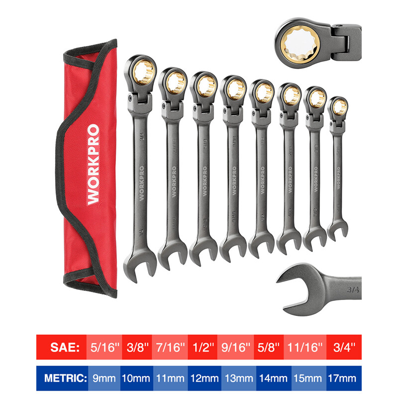 WORKPRO 8-piece Flex-Head Ratcheting Combination Wrench Set Metric/SAE