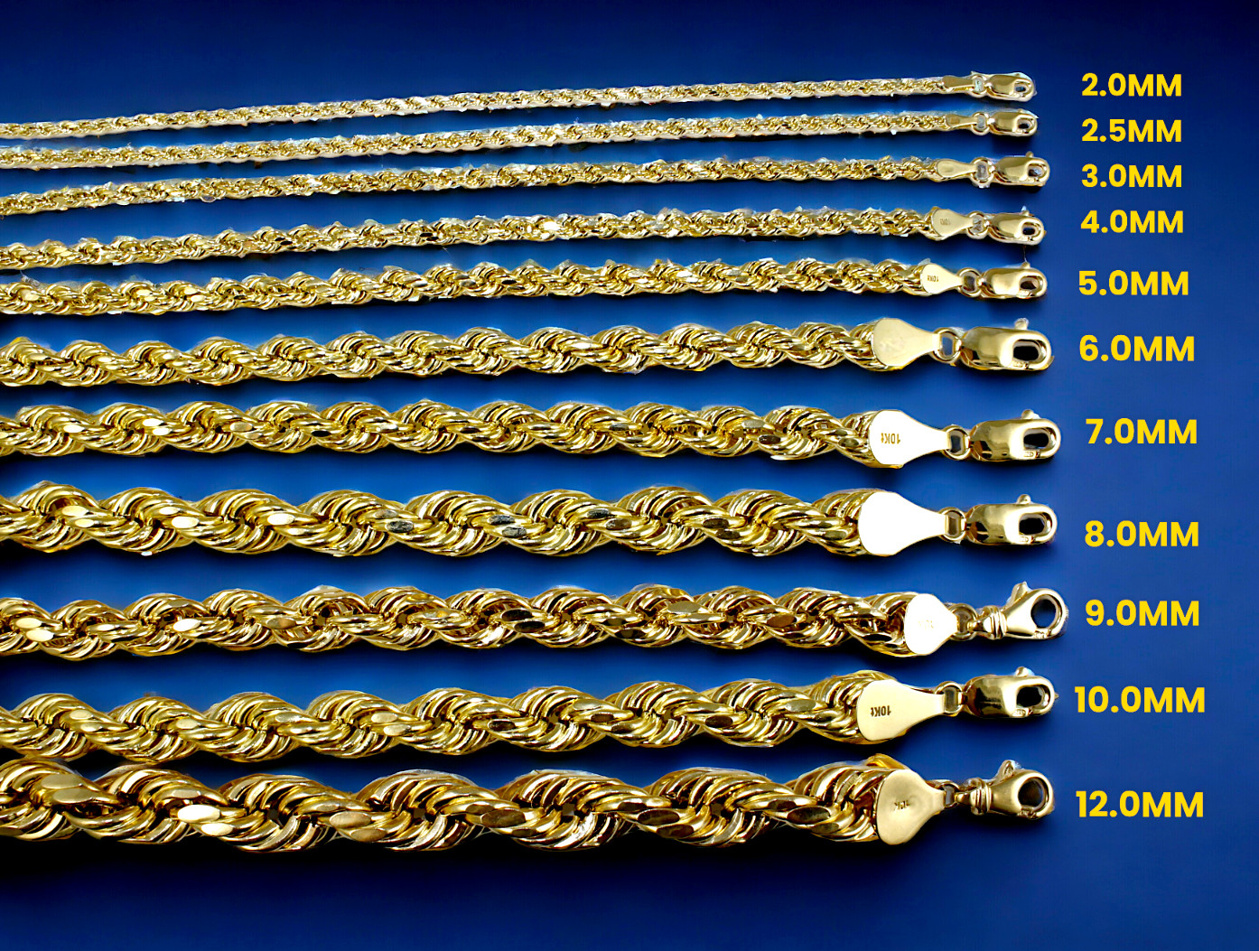 10K Yellow Gold Rope Necklace Bracelet Chain Diamond Cut 2mm-10mm 7"-30"