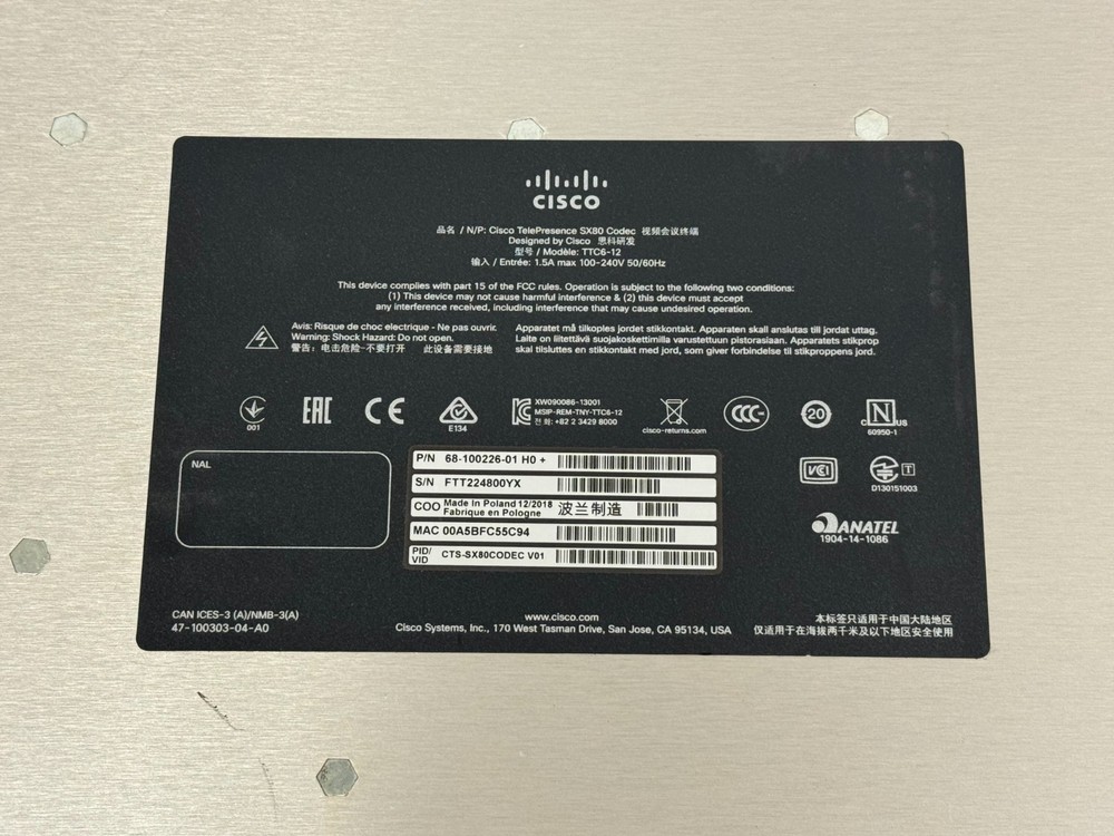 Cisco TelePresence SX80 Codec TTC6-12 Video Conferencing System w/ One Rack Ear