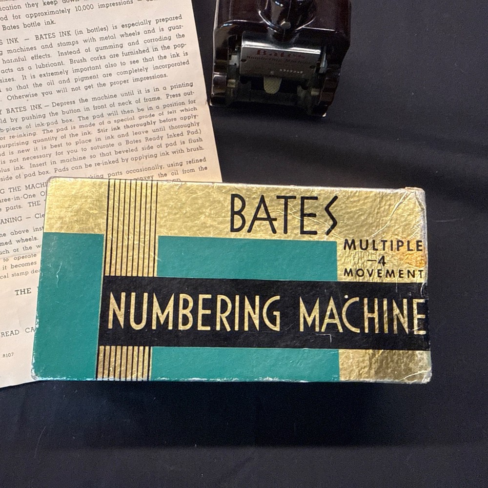 Vintage Bates Automatic Numbering Machine Stamp W/Box. 6 Wheels