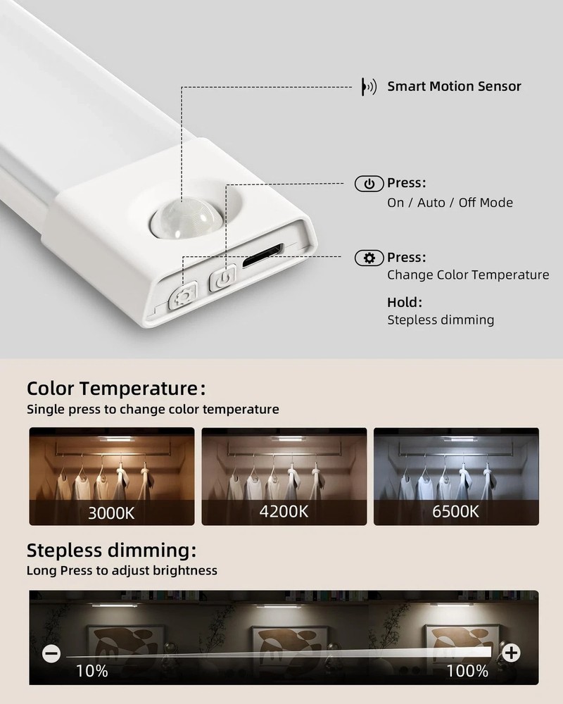 Smart Magnetic Under Cabinet Lighting with Rechargeable Motion Sensor – 3 Pack