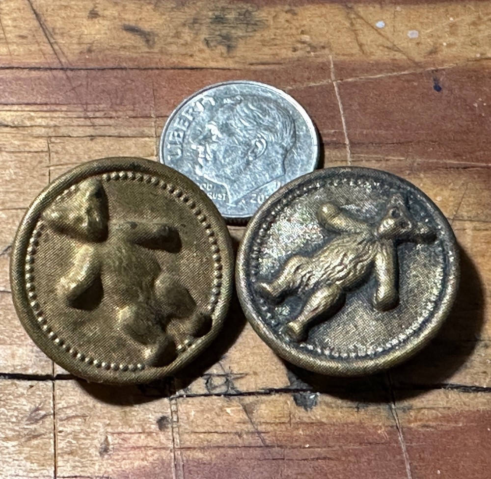2 Antique Metal Teddy Bear Buttons 1902 - 1908