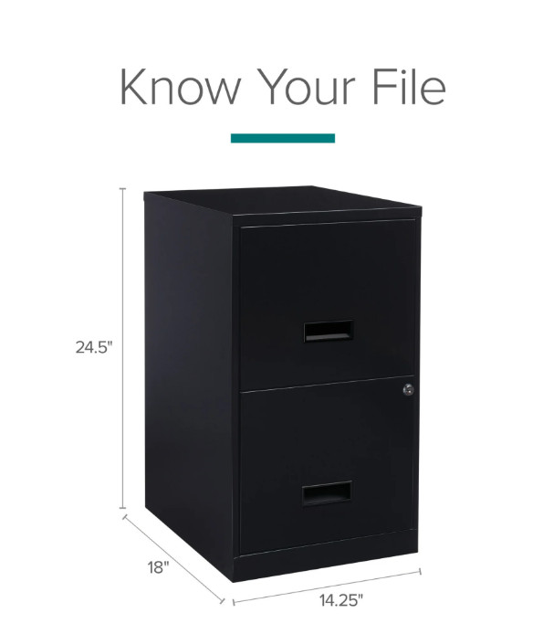 18" Deep 2 Drawer Letter Width Vertical File Cabinet, Secure Locking, Black