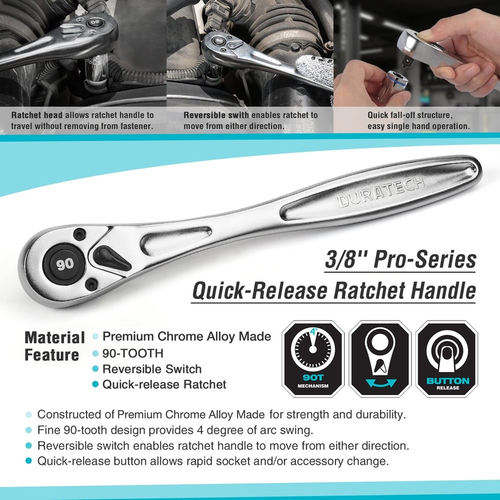 DURATECH 3/8 Inch Drive Ratchet Handle, Socket 3/8"(Matte), Silver