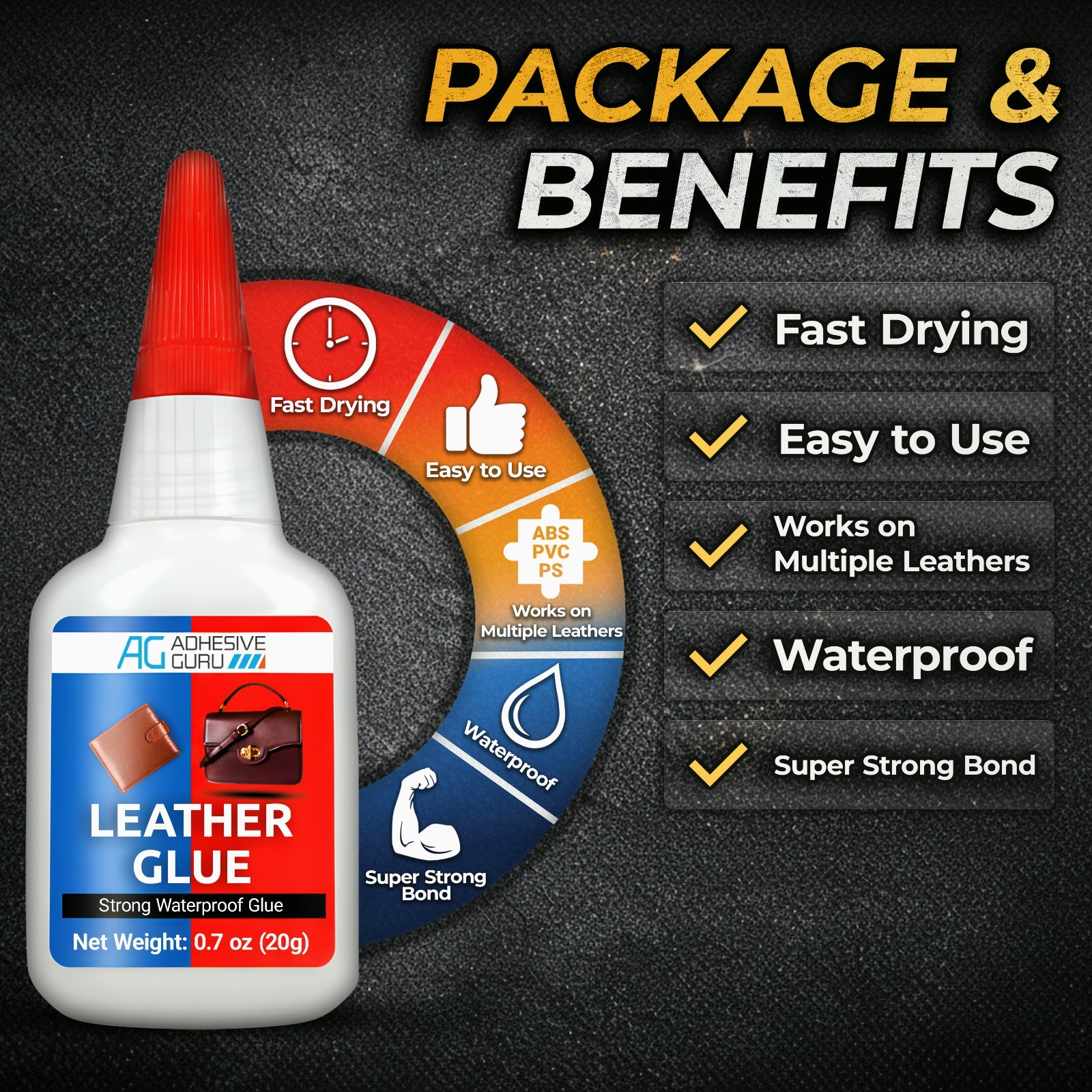 Adhesive Guru Leather Glue 150x0.7 oz Super Glue for Purses, Sofas and Furniture