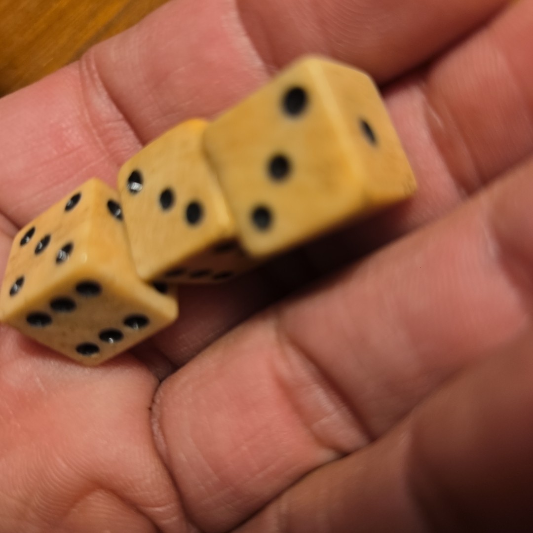 1765 Stamp Act taxed cattle bovine dice with black pips 3 Dice Vintage Hand Cut