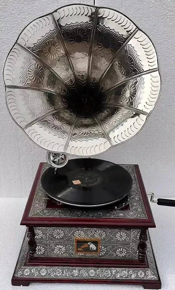 Antique HMV Gramophone Silver Functional working Phonograph win-up record player