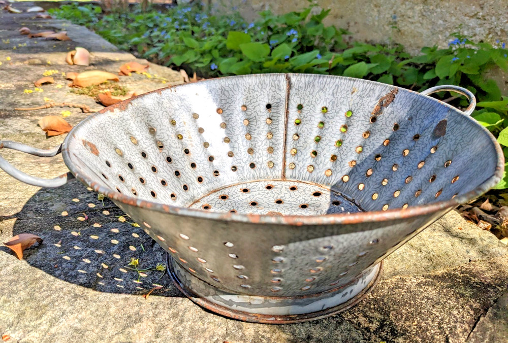 Antique Graniteware Colander Enamelware Strainer Rustic Primitive Farmhouse