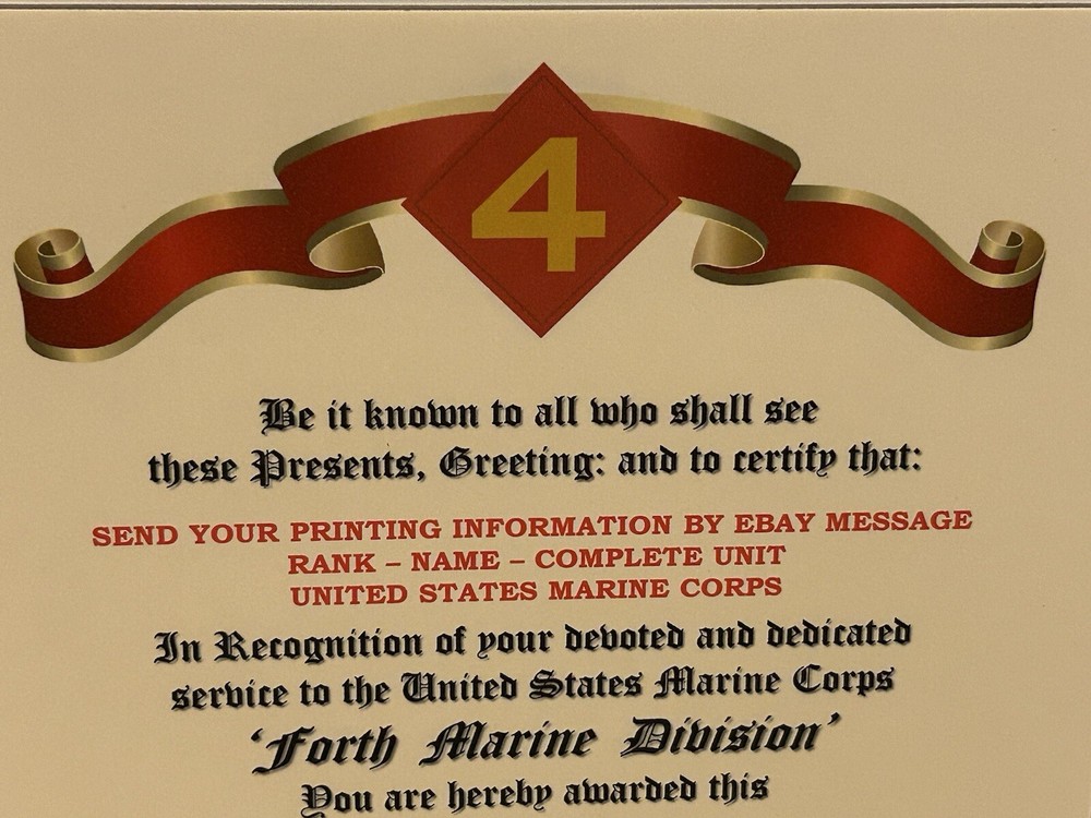 U.S.M.C. / FOURTH MARINE DIVISION ~DIVISION COMMENDATION REPLACEMENT CERTIFICATE