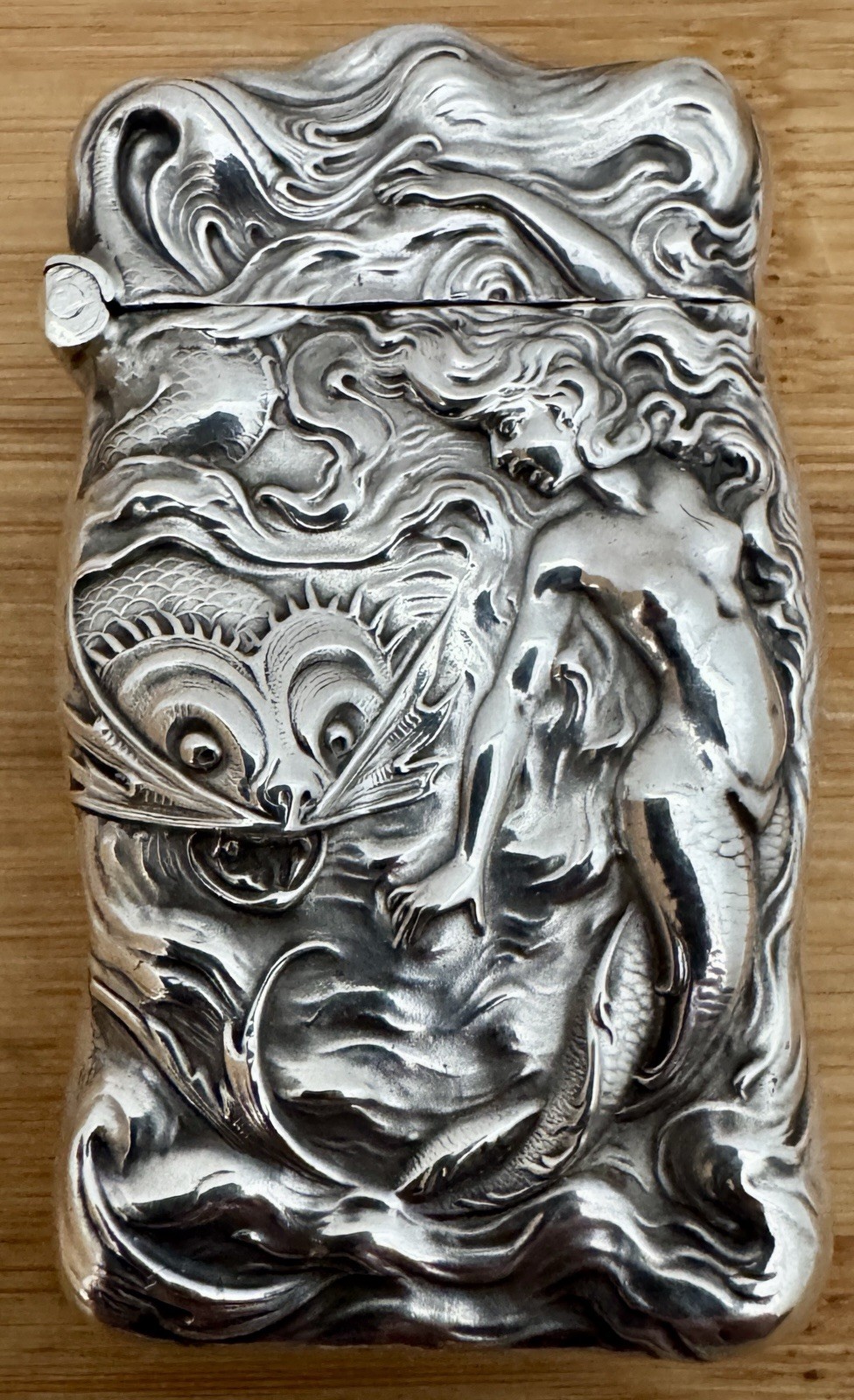 VERY RARE UNGER BROTHERS STERLING MERMAID AND CATFISH MATCH SAFE VESTA C. 1905