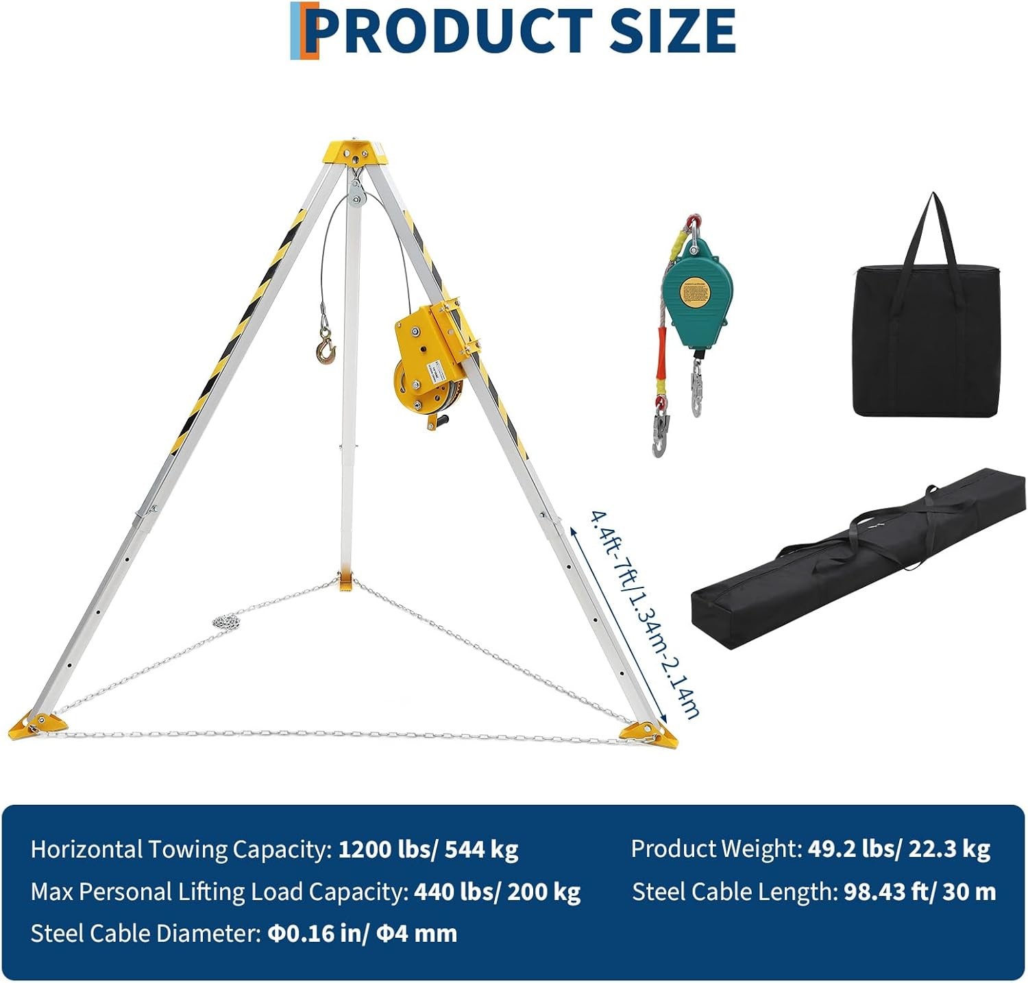 1200Lbs Confined Space Tripod Kit Winch 7' Legs & 98' Cable 33' Fall Protection