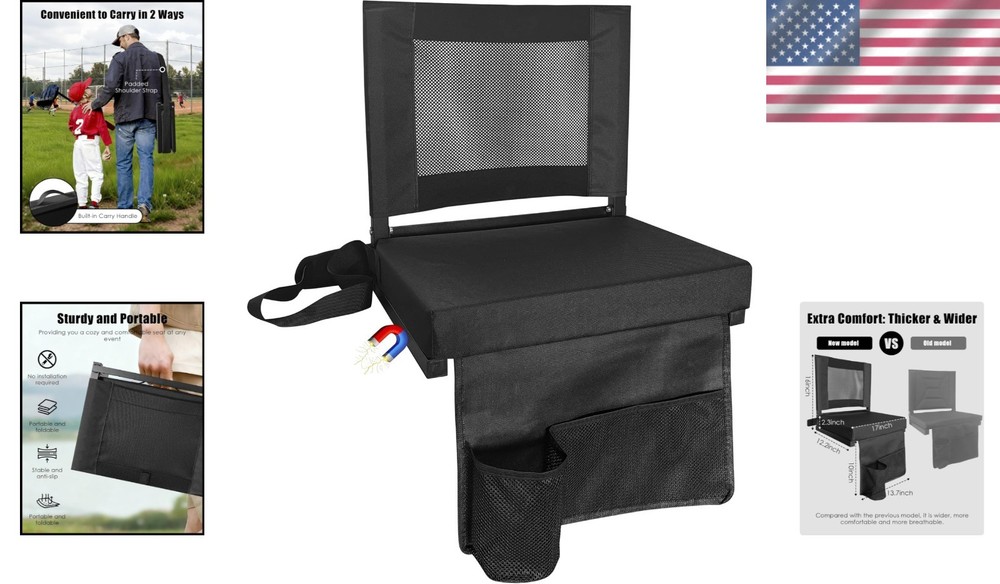Foldable Bleacher Seat with Back Support & Magnetic Grip
