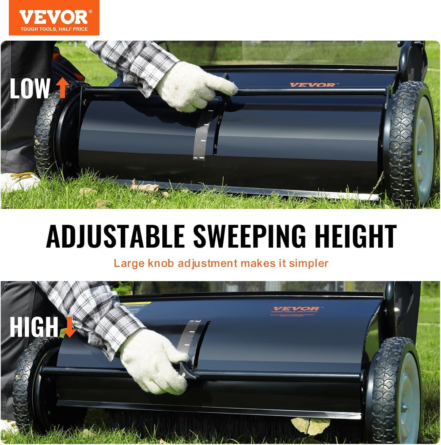 VEVOR 26" Push Lawn Sweeper | 7 ft³ Large Bag & 4 Spinning Brushes