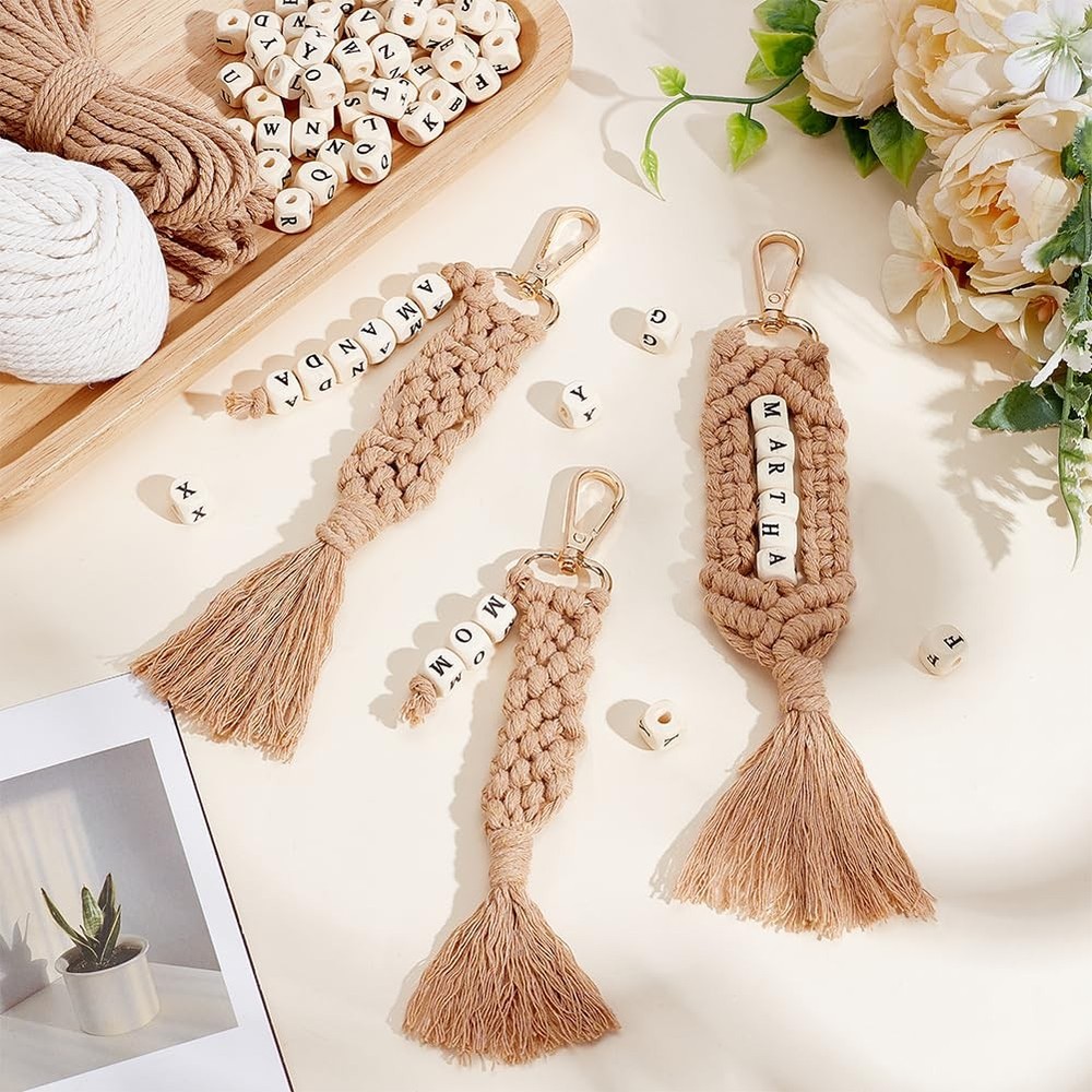 6 Sets DIY Macrame Keychain Kit for Beginner Boho Macrame Starter Keychain Ki...