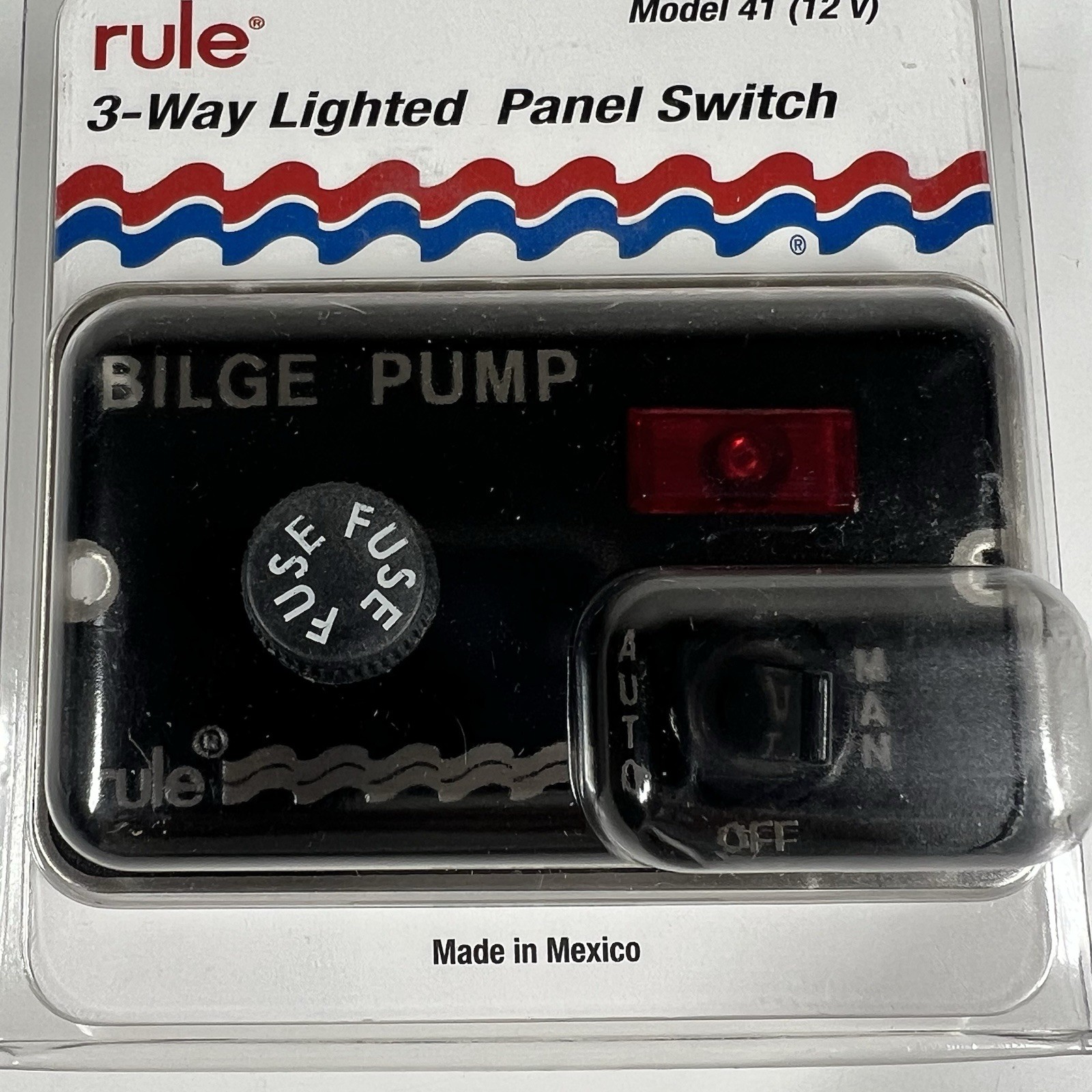 Rule 3-Way Lighted Panel Bilge Pump Switch Model 41 (12V) w/ Fuse NEW