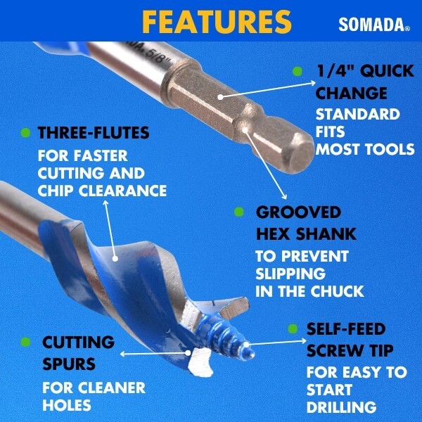 SOMADA Auger Drill Bit Set, 5-Piece, 1/2", 5/8", 3/4", 7/8" and 1" Inch Size