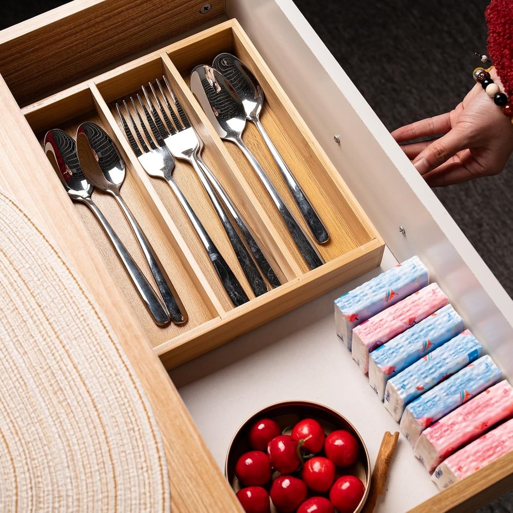 Silverware Organizer Bamboo Kitchen Drawer 3 Compartments, Natural
