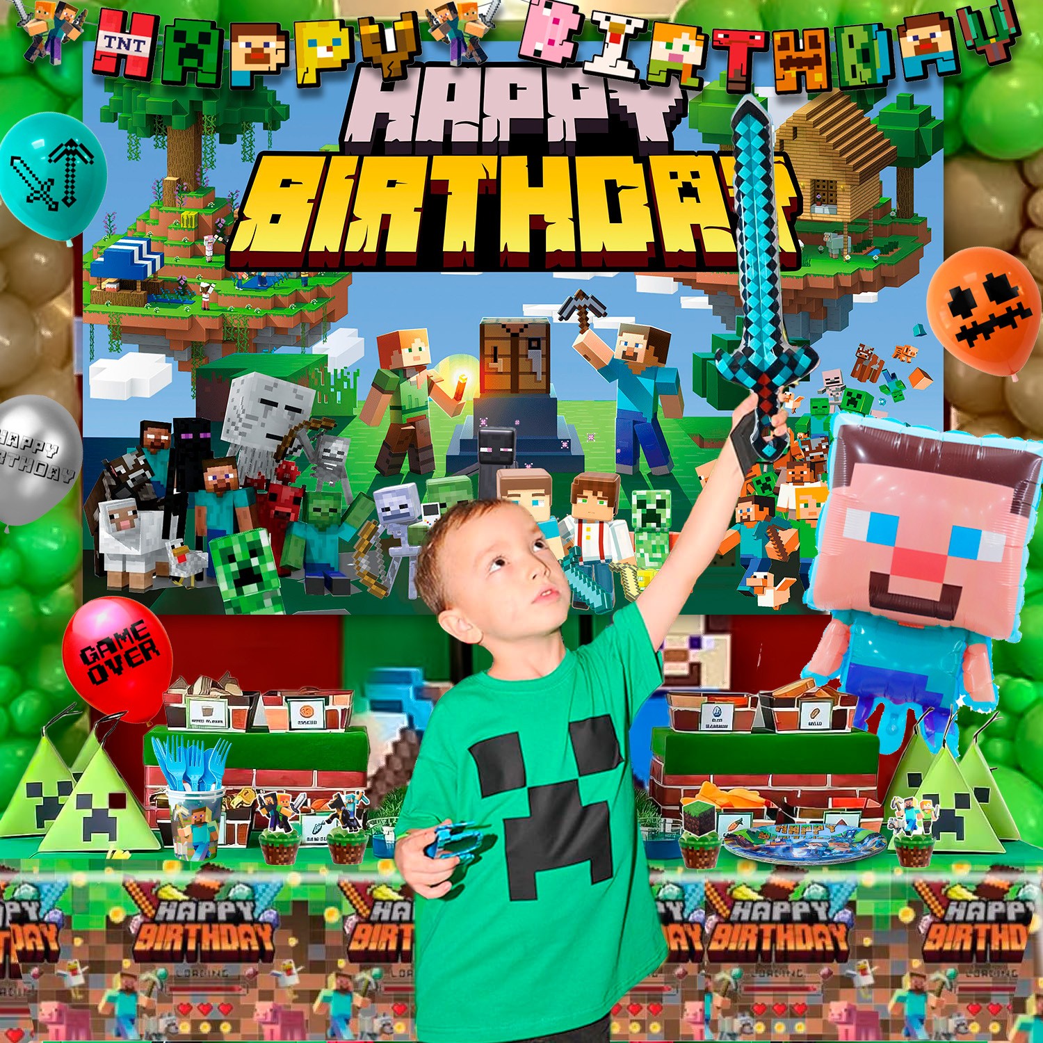 113 Minecraft Birthday Party Decorations Tableware Balloons Banner Plates Cups