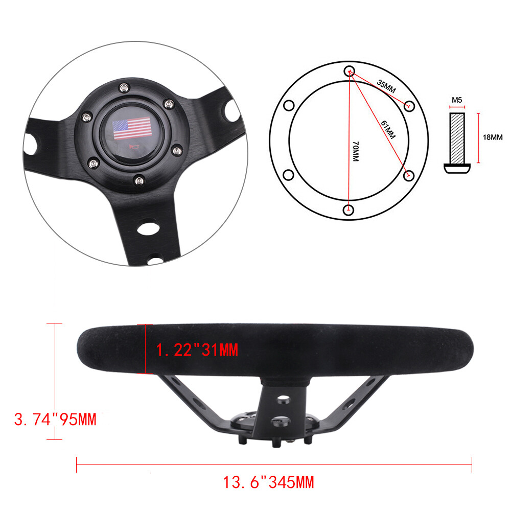 345mm Deep Dish Racing Suede Steering Wheel Middle Finger w/ Quick Release Kit