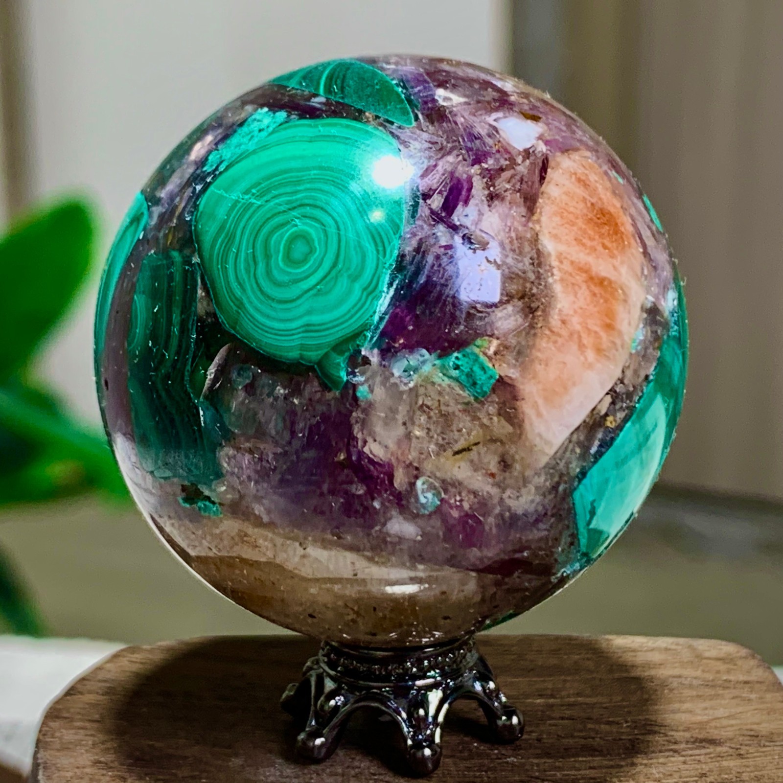 97G Newly discovered rare malachite purple mica symbiotic sphere restoration