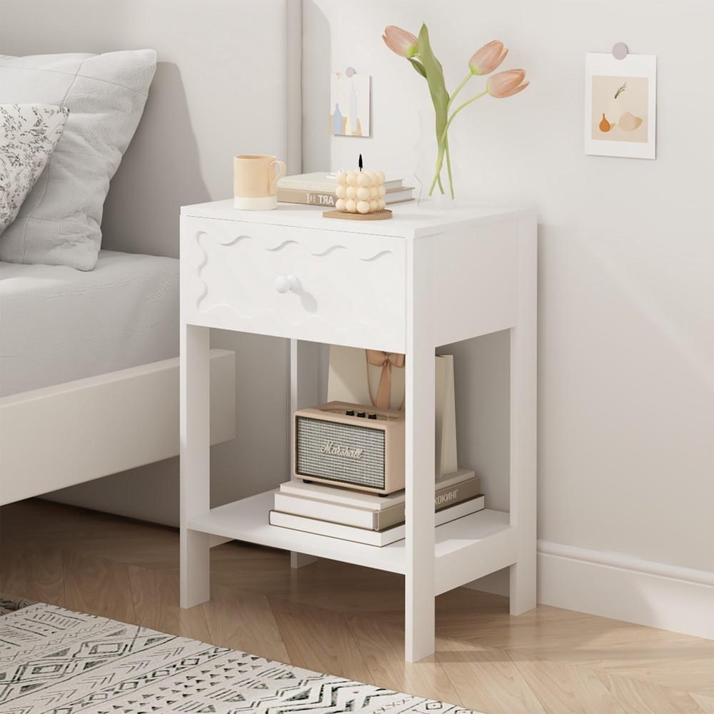 Modern Nightstand with Wave Pattern Drawer, Bedside Table with Solid Wood Frame