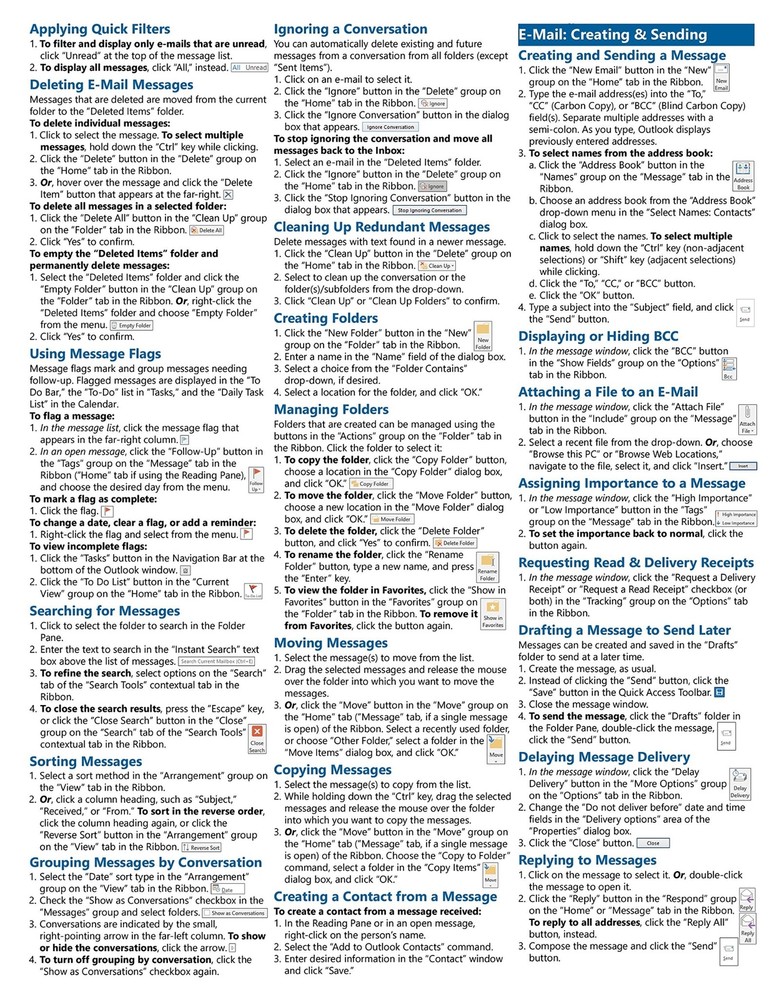 Outlook 2016 Training Guide Quick Reference Card 4 Page Cheat Sheet Instructions