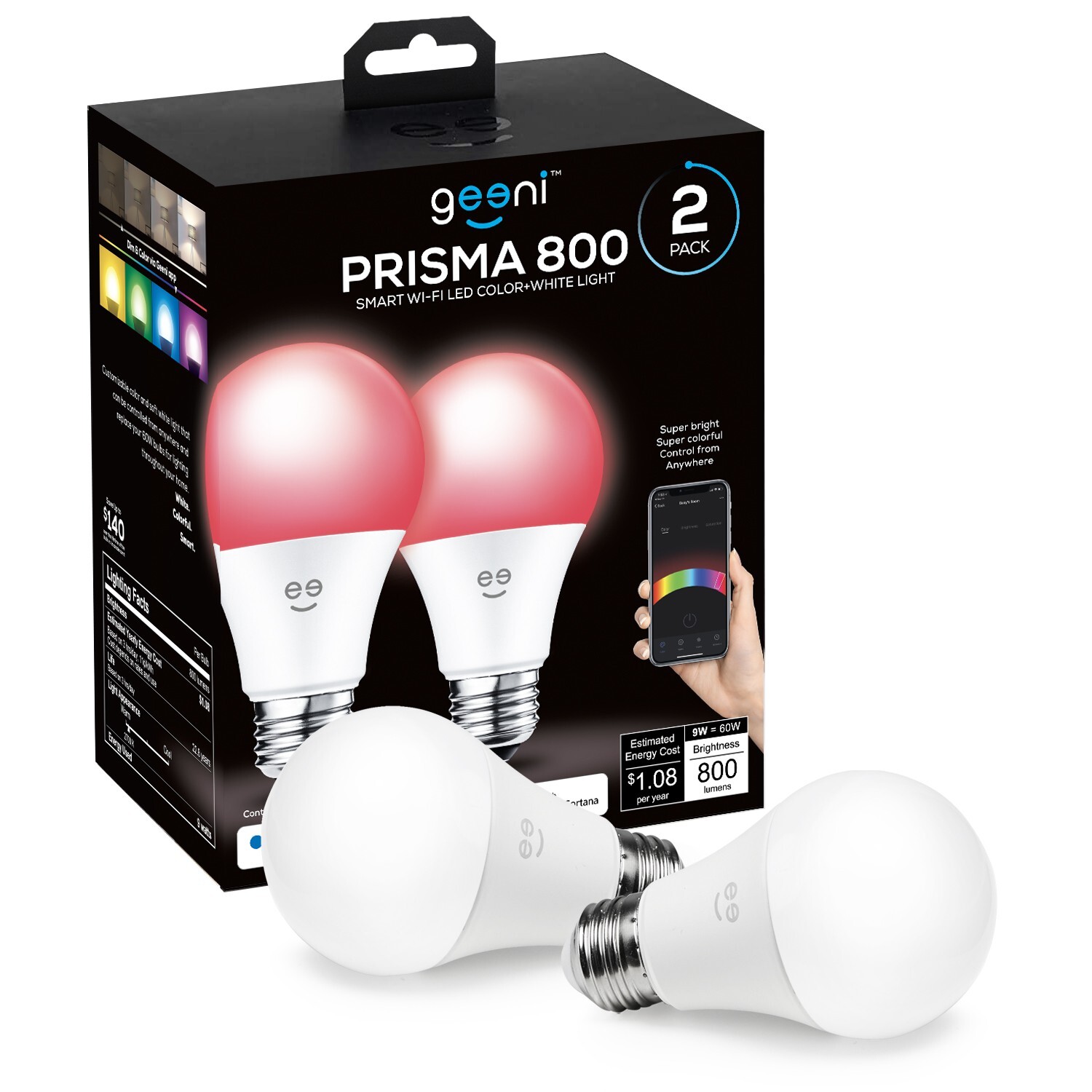 Geeni PRISMA 800 Wi-Fi LED Smart Multicolor Light Bulb with Voice Control 2 Pack