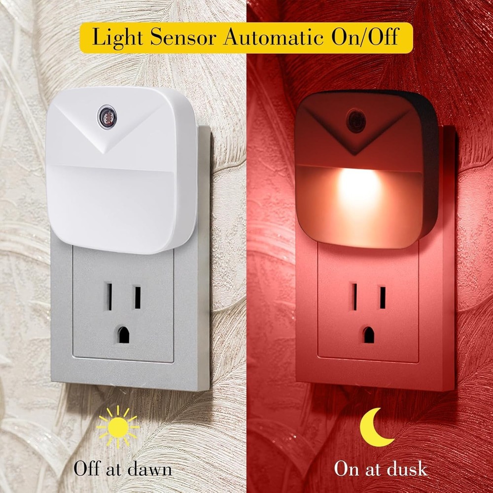 6 Pack LED Red Night Lights Plug Into Wall Dusk To Dawn Sensor Automatic Plastic