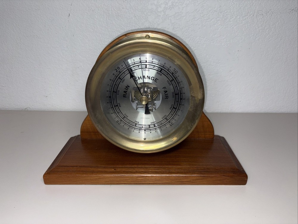 German Compensated Barometer Wall Mount Brass Case mounted on stand, As-Is