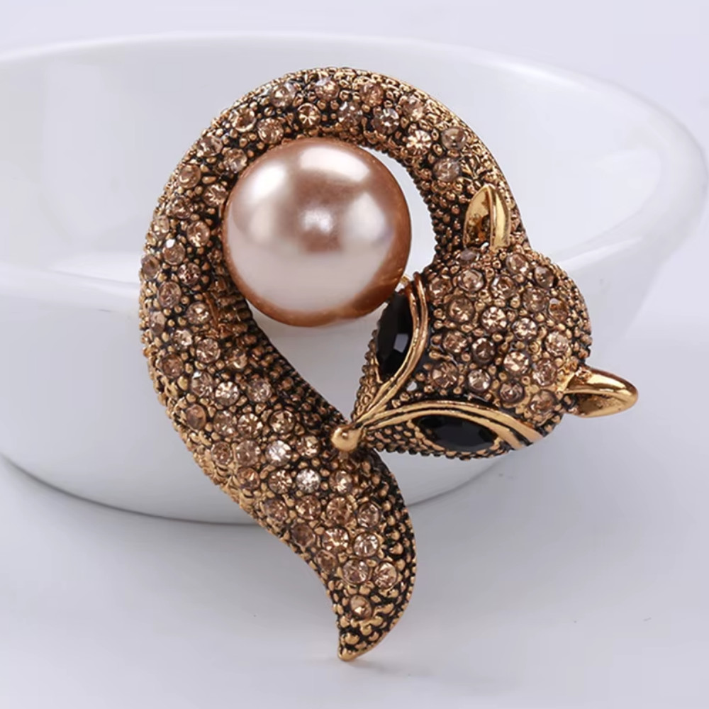 Vintage Fall Fox Brooch Brown Crystal Pearl Gold Animal Pin Autumn Jewelry Gift