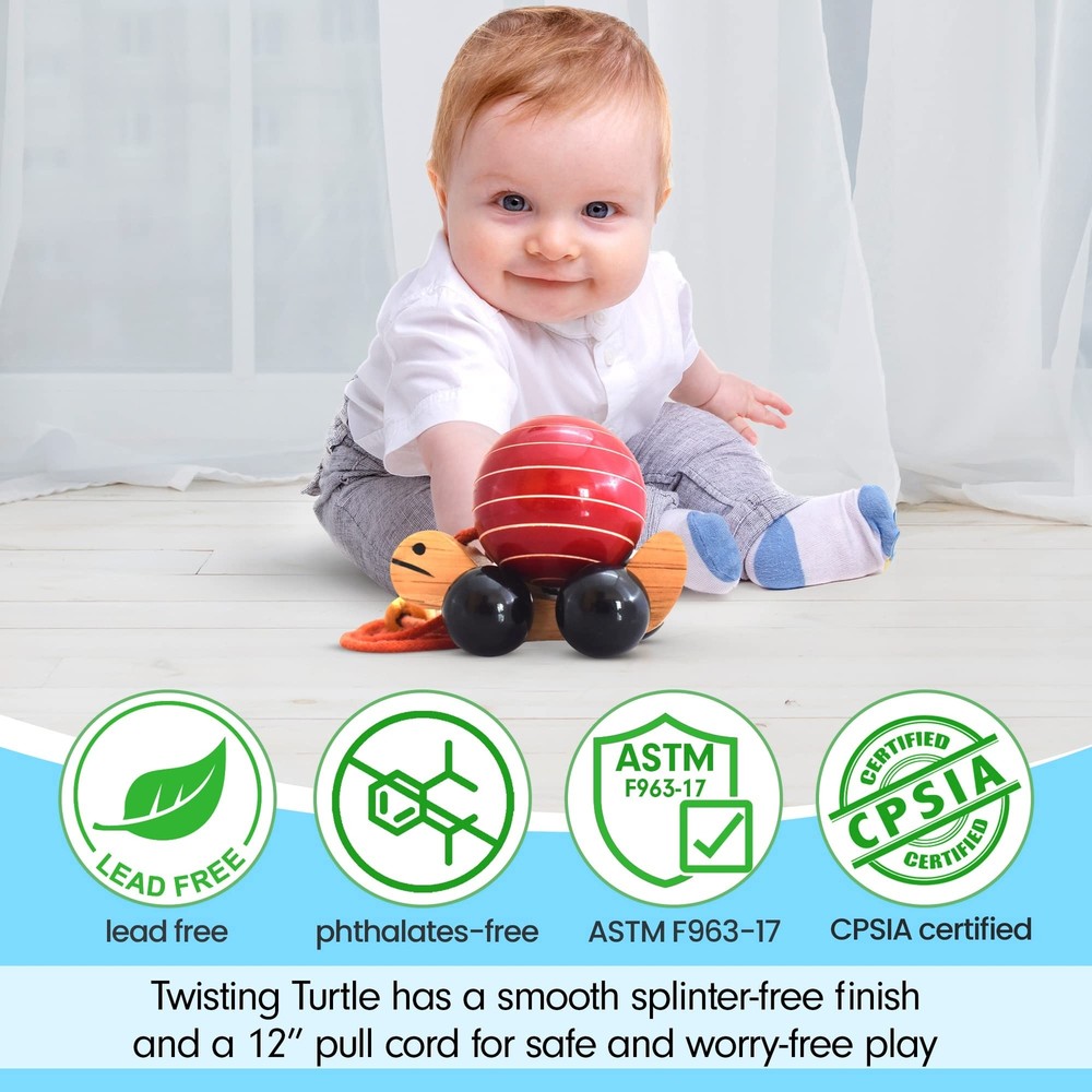 Whimsical Wooden Twisting Turtle Pull Toy – Solid Wood Baby Pull Toy with