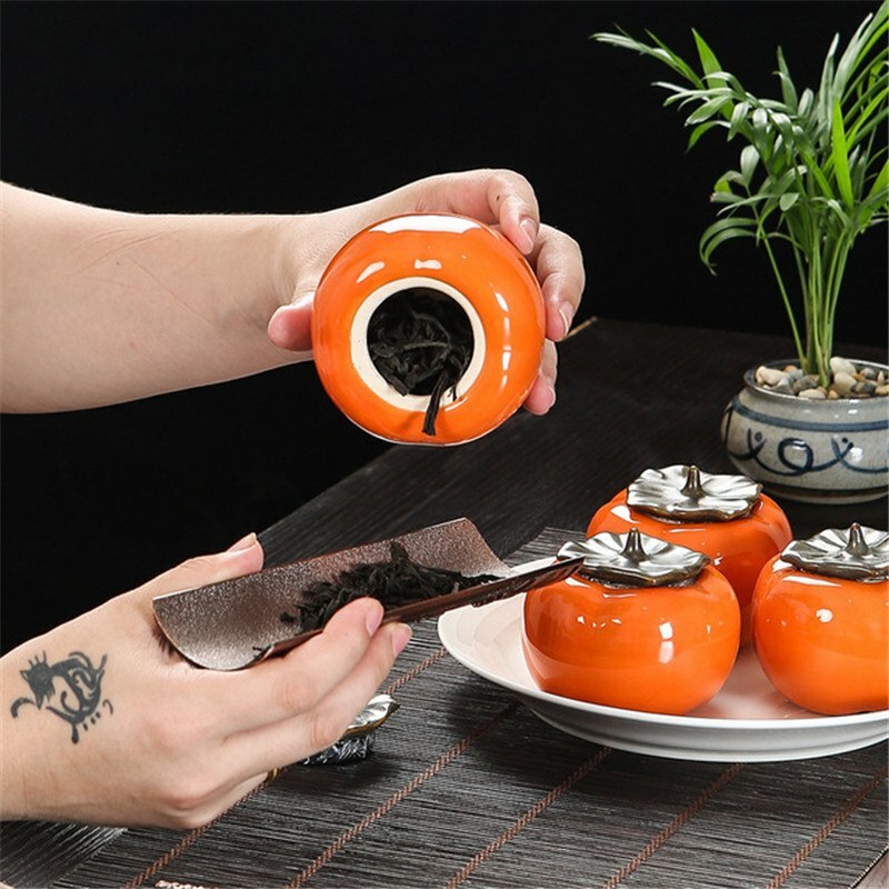 Ceramic Persimmon Tea Canister Coffee Box Caddy Storage Sealed Jar Cans Tea Set