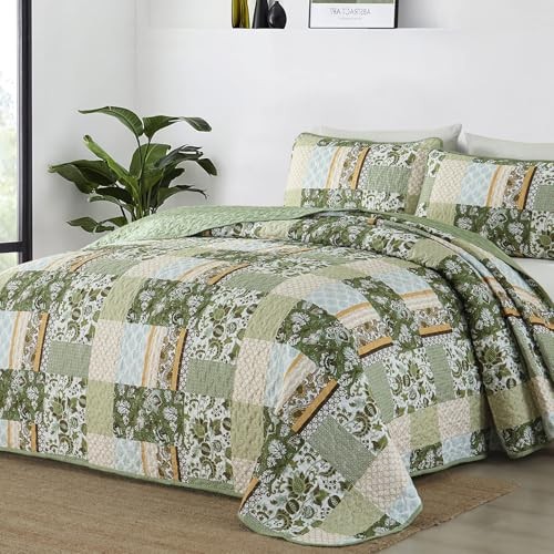 Quilt Set Size，Patchwork Plaid Printed Bedspread Coverlet Set，3 King Green