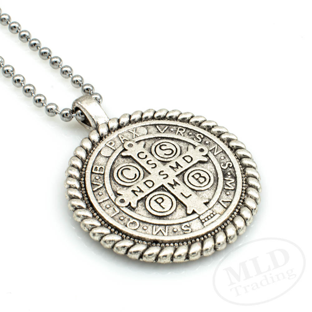 Knot Border Saint St Benedict Medal Pendant Necklace 24" Ball Chain Silver Tone