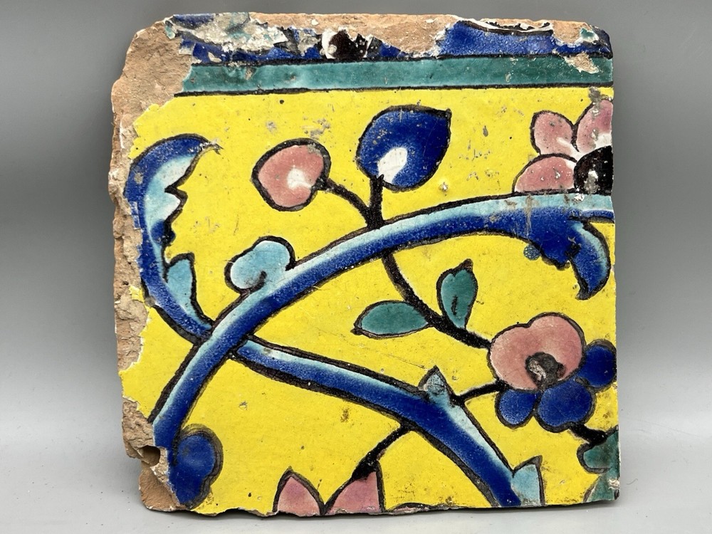 Safavid Square Tile Glazed Architecture Ceramic Earthenware Cuerda Seca 1800