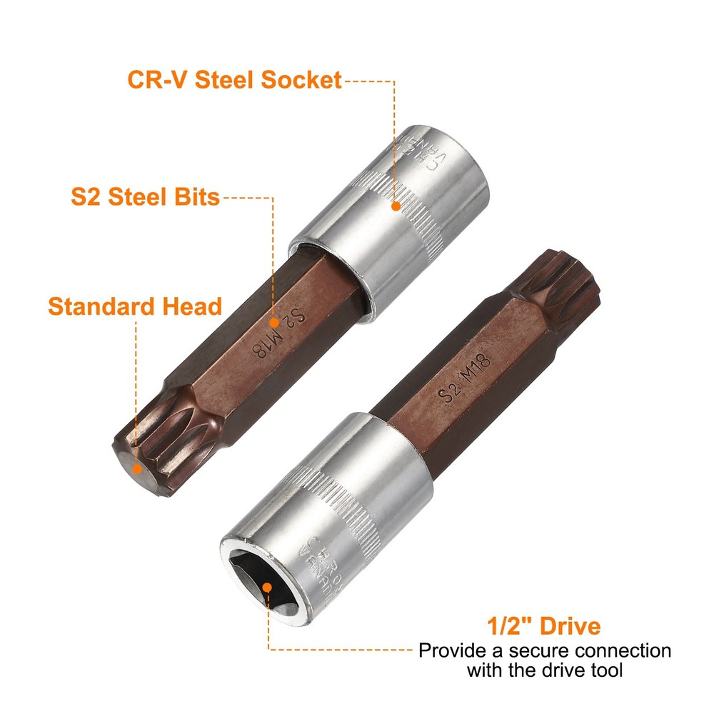 12 Point Metric Sized M18 1/2" Drive Triple Square Spline Bit Socket Set