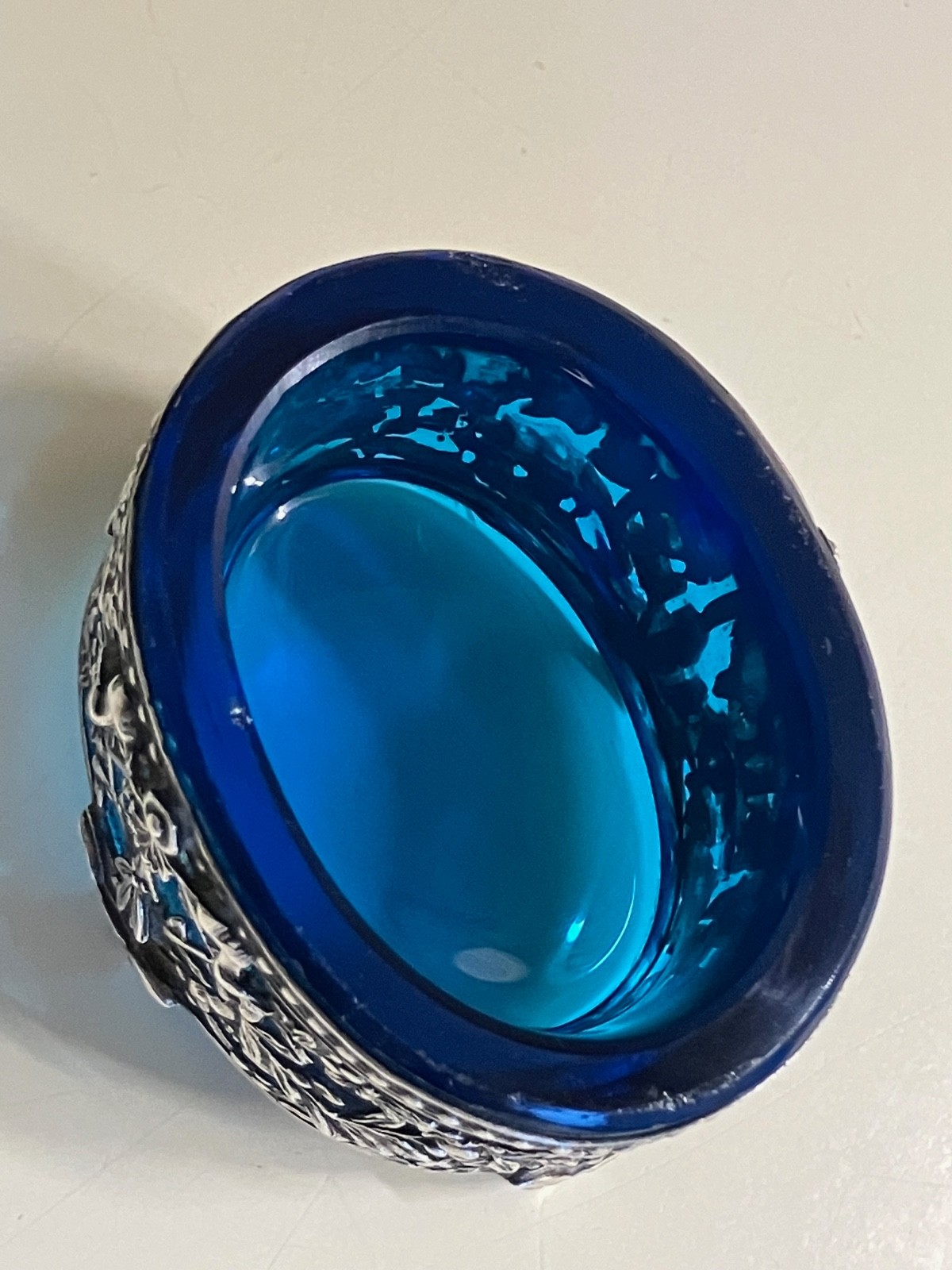 ANTIQUE SILVER FLORAL OPENWORK BLUE GLASS LINDED SALT CELLAR MASSAT FRERES PARIS