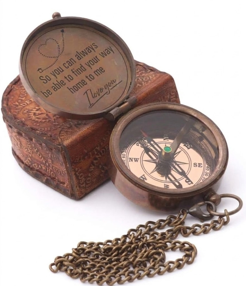 Brass Pocket Compass with Engraved Message, Chain and Leather Case Gift