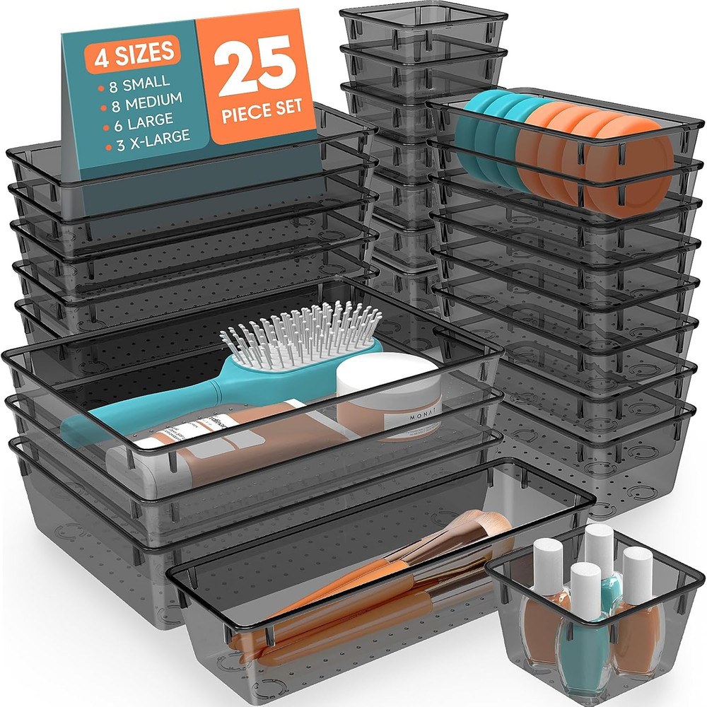 25 PCS Plastic Drawer Organizer Set, 4-Size Versatile Organizer Trays & Storage