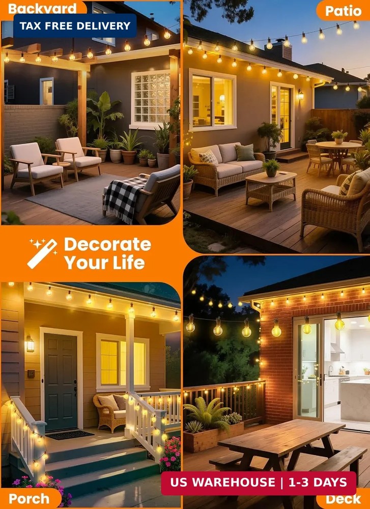 Outdoor String Patio Lights 100FT 50 LED String Lights Waterproof Connectable Sh
