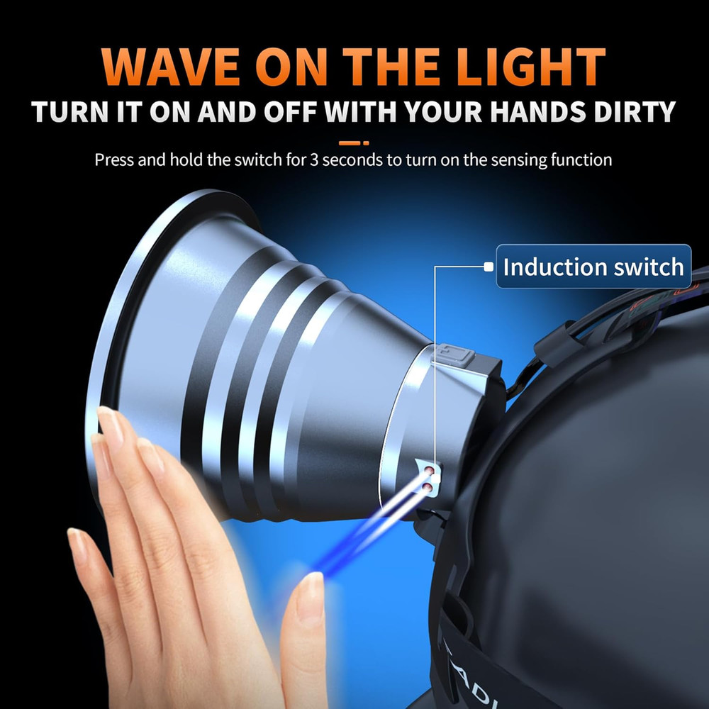 Linterna frontal caza LED alta potencia recargable impermeable con sensor
