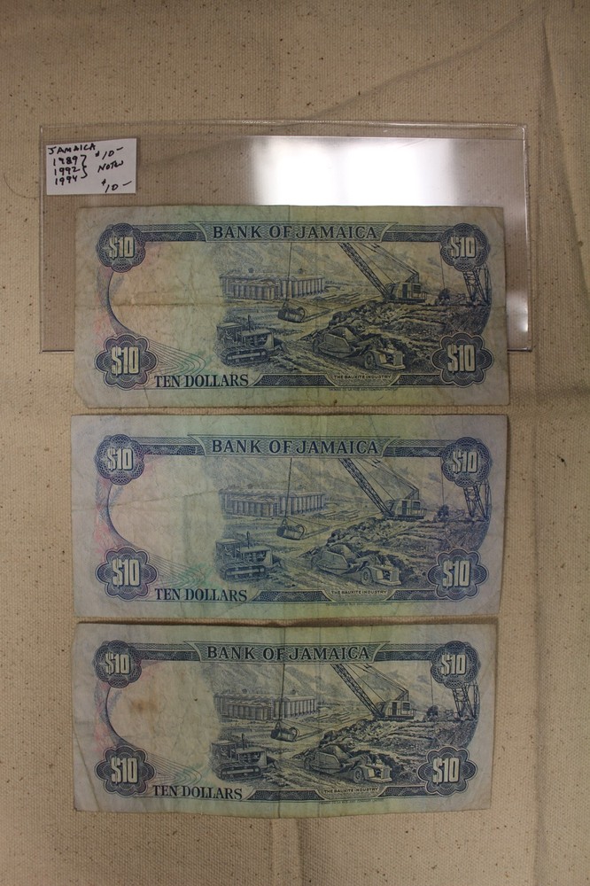 1989, 1992, & 1994 Jamaica $10 Notes - 3 Circulated Notes