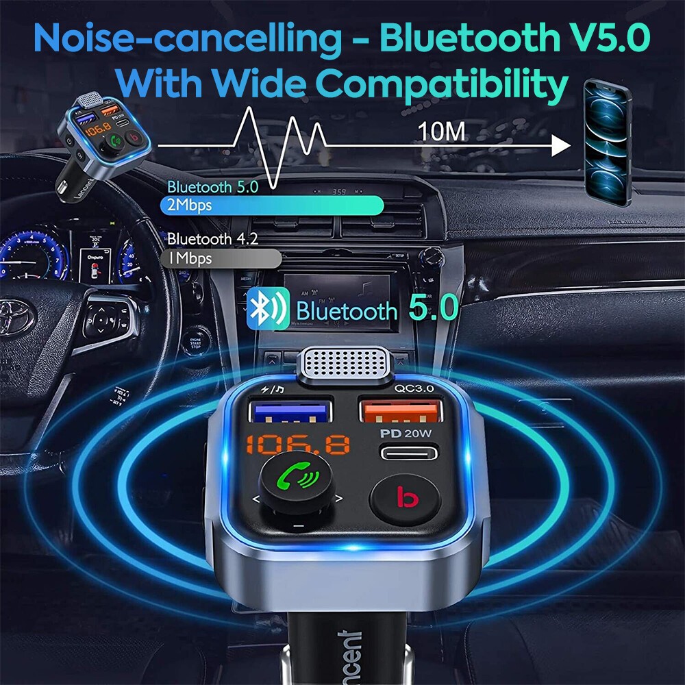 Bluetooth 5.0 Car Wireless FM Transmitter Adapter 2 USB PD Charger Hands-Free
