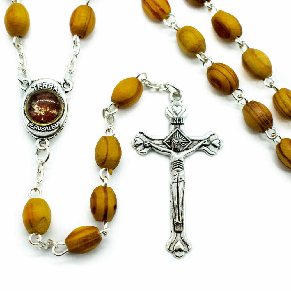 Blessed Catholic Rosary Necklace Olive Wood Oval Beads Jerusalem Soil Crucifix