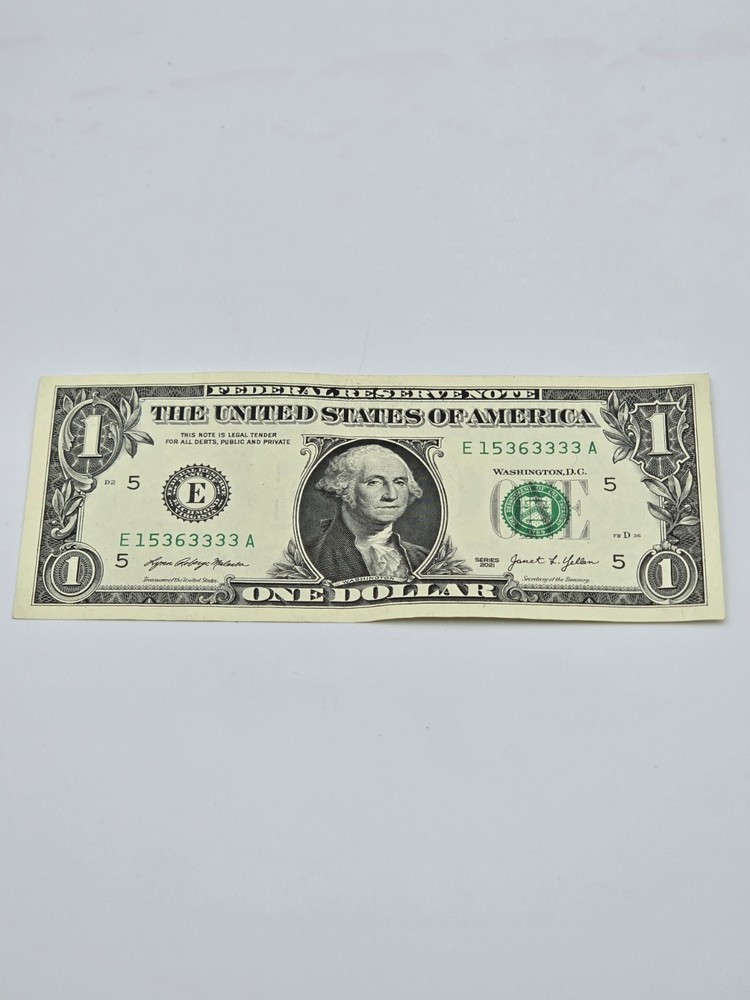 $1 Dollar Bill, in a Serial Number E 15363333 A, 2021
